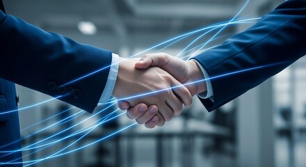 Business handshake with glowing blue lines symbolizing connection and technology.