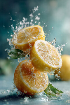 Frische Zitronen mit Wasserspritzern &ndash; dynamischer Splash-Effekt, fotorealistische Nahaufnahme