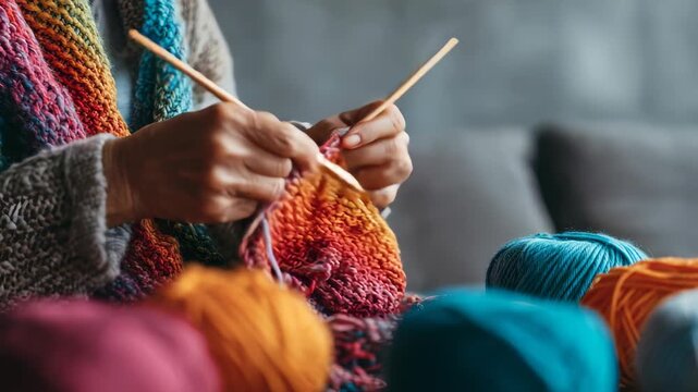 Closeup of hands knitting a colorful scarf with wooden needles, surrounded by vibrant yarn balls. Cozy home crafting scene highlights creative handmade textile art