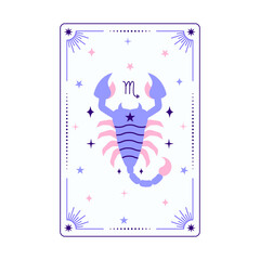 Scorpio zodiac sign tarot card illustration, modern abstract scorpion symbol with stars and a mystical decorative border in purple and pink.