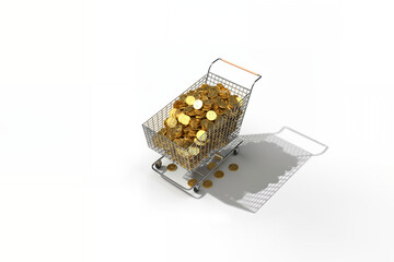 Fototapeta premium Shopping Basket Filled with Coins Representing Purchasing Power, Inflation, and Economic Value Concept
