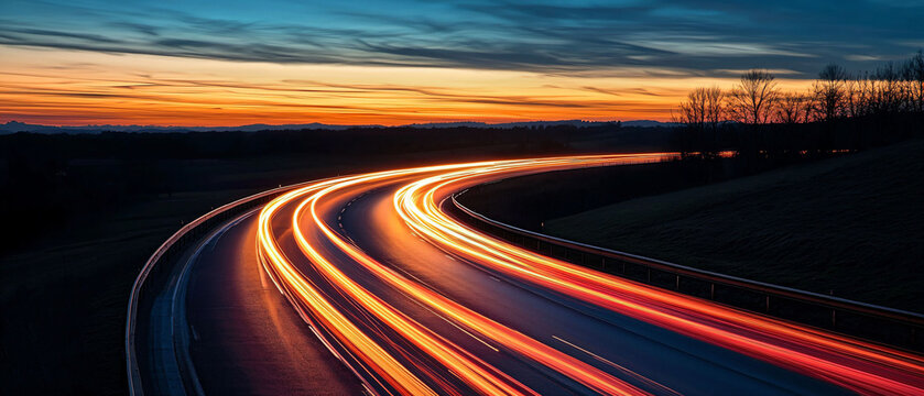 Dusk Highway Long Exposure Light Trails and Scenic Colorful Sky