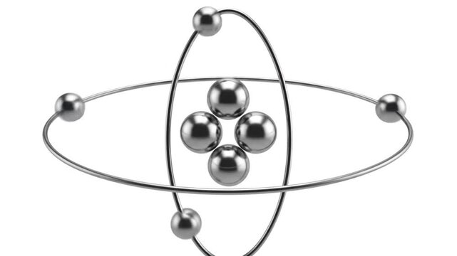 Abstract illustration of orbiting spheres around a central ring structure