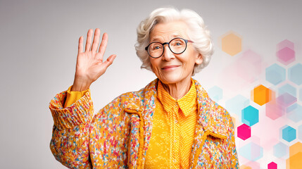 Elderly woman cheerful waving smile glasses curly hair sweater cardigan orange shirt studio portrait joyful greeting with friendly expression, soft light, colorful hexagon background, warm style