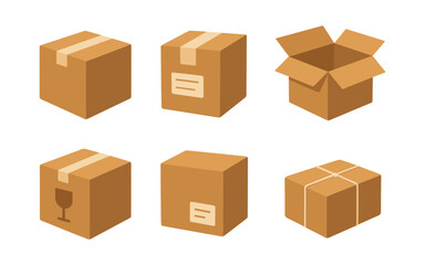 Fototapeta premium Collection of isometric cardboard boxes with varied designs and open lid