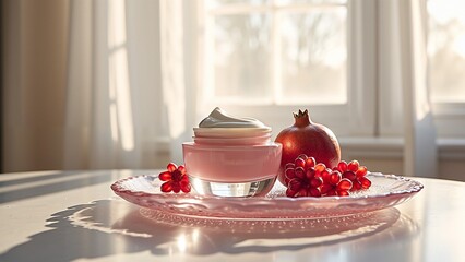 Elegant skincare display with cream jar and pomegranate by sunlit window