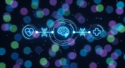 Futuristic digital medical icons representing health and technology connected by glowing lines
