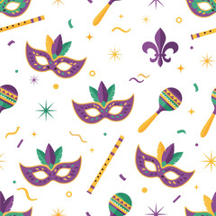 A vibrant seamless pattern featuring Mardi Gras masks maracas and festive decorations.