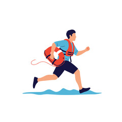 Obraz premium A lifeguard wearing a life vest runs into the water carrying a rescue buoy.