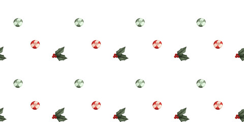 Colorful Christmas seamless pattern featuring candy canes and holly leaves on a white background