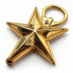 Golden Five Point Star with Ring on White Background Closeup Studio Shot