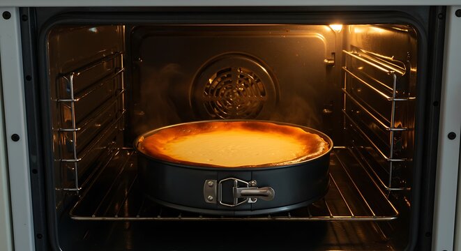 Baking process cheesecake in oven with golden crust ready to eat