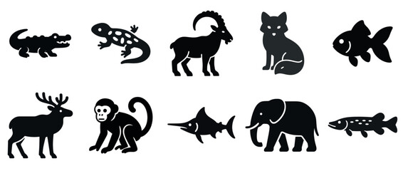 Naklejka premium Silhouettes of diverse animals: reptiles, mammals, and fish in black silhouette