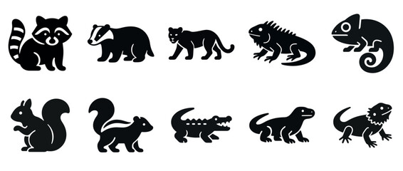 Naklejka premium Silhouette icons of various animals including raccoon, squirrel, iguana, and chameleon