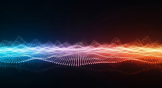 Abstract glowing digital wave of particles in vibrant blue to orange gradient on dark background