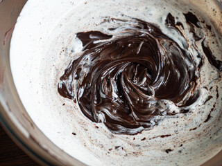 texture of cream and chocolate mixing together to make ganache