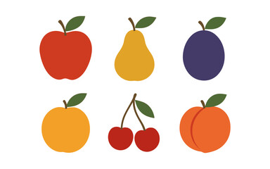 Colorful minimalist fruit icons featuring apples, pears, plums, peaches, cherries