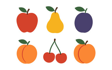 Colorful flat style fruits collection: apple, pear, plum, peach, cherries