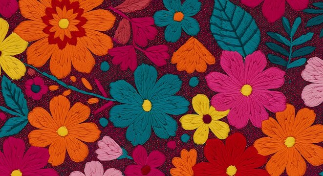 Colorful floral embroidery background textile design with various blossoms