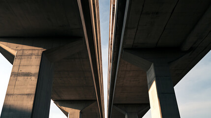 Fototapeta premium A low-angle perspective captures the symmetrical concrete forms of a structure against a bright sky, showcasing architectural symmetry and minimalist urban design.