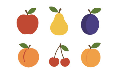 Obraz premium Colorful collection of flat fruit icons featuring apple, pear, plum, peach, cherries, and apricot