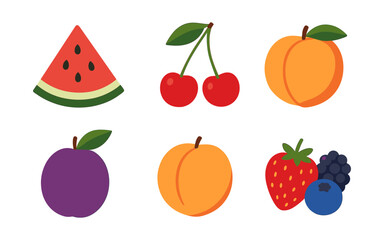 Fototapeta premium Vibrant fruit collection: watermelon, cherry, peach, plum, strawberry, blueberry, and blackberry in flat design