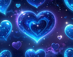 Glowing heart shapes floating in a cosmic, starlit background