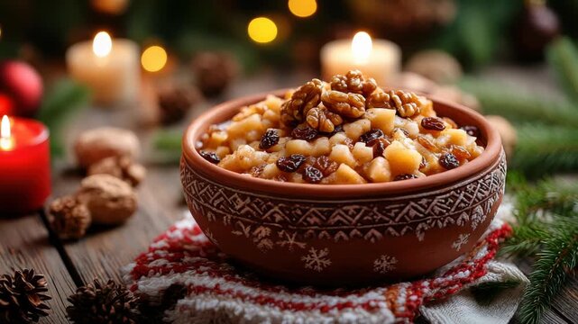 Classic Ukrainian kutia: a decadent wheat pudding mixed with poppy seeds, honey, raisins, and nuts served in a rustic wooden bowl, adorned with pine branches and cones for a festive touch
