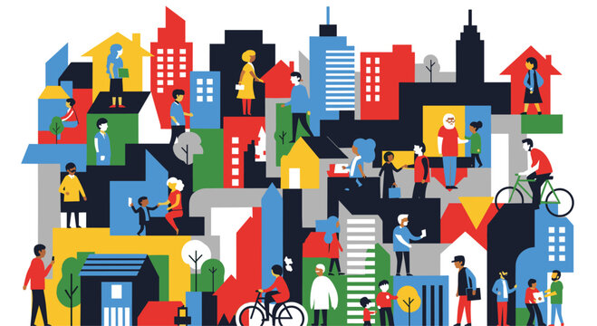 Vibrant community illustration showing diverse people connecting in a colorful city, perfect for urban planning, social services, and neighborhood outreach campaigns