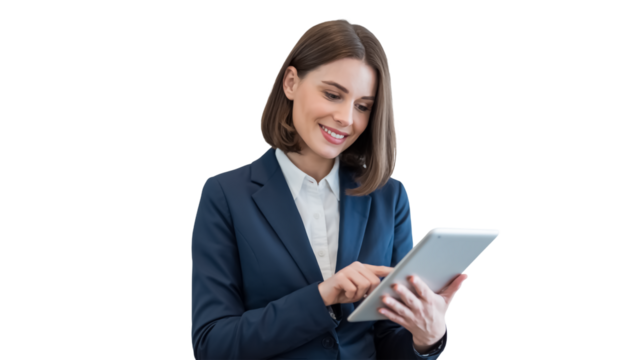 Professional studio portrait of a confident businesswoman in navy blazer smiling while holding tablet, corporate headshot, bright lighting, modern professional photo. Transparent background.