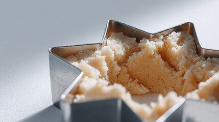 Cinematic close up of metal star shape cutter pressing into pastry dough, joyful moment of homemade baking in bright kitchen background