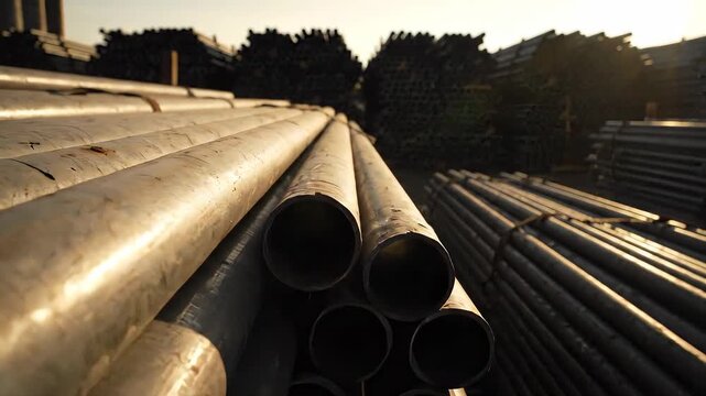 Close-up of metal pipes in a large pile with out-of-focus background. Golden hour lighting