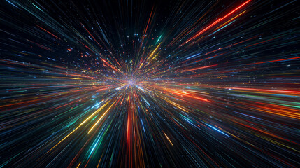 Conceptual illustration of neon hyper flight through hyperspace stars, depicting a futuristic journey, time warp travel, and immersive sci-fi space adventure visuals.
