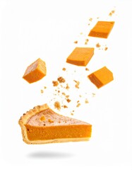 Flying pumpkin pie slices with crumbs isolated on white background