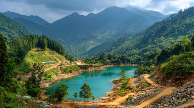 Serene mountain valley landscape with turquoise lake. former open pit mine undergoing nature reclamation with green forest and hills
