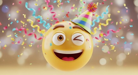 Happy Winking Emoji Celebrating Birthday Party With Confetti