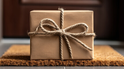 Plain brown cardboard package and surprise gift box awaits on doormat. mystery delivery parcel sitting on doorstep for contactless shipping