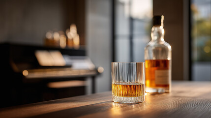 Whiskey glass and bottle on a wooden table indoors setting
