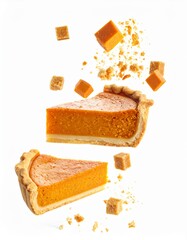 Flying pumpkin pie slices with crumbs isolated on white background