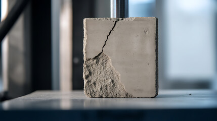 Close-up of a cracked concrete block undergoing a compression test. The block is visibly damaged with a prominent crack running across its surface. Lab setting, testing of construction material.