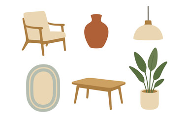 Fototapeta premium Mid century modern furniture and decor collection in minimalist design