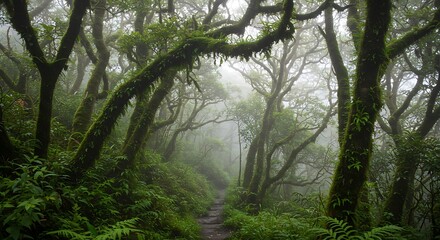 Naklejka premium Dense forest path with moss covered trees and a misty atmosphere