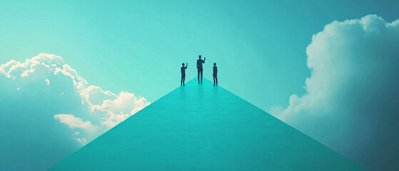 Group of Business People on Top of a Pyramid Against Blue Sky