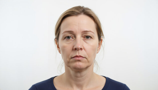 Wrinkles on the forehead, nasolabial folds, bruises under the eyes, jowls on the face of a 50-year-old woman. Serious middle-aged woman with neutral expression in studio. 