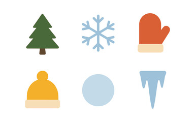 Minimalist winter icons: tree, snowflake, mitten, hat, snowball, icicle