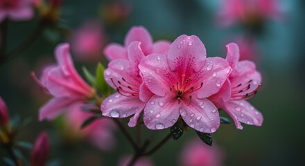 Obraz premium Close up of vibrant pink azalea blossoms with water droplets outdoors