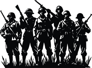 Silhouette of military army with weapons, usa men soldiers with rifle, salute soldier and american veteran. Independence or memorial day background with army soldier silhouette. Pride and honor symbol
