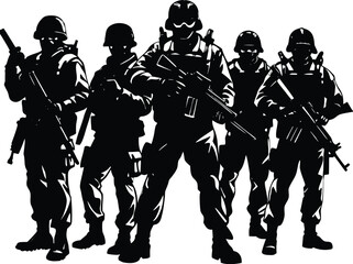 Silhouette of military army with weapons, usa men soldiers with rifle, salute soldier and american veteran. Independence or memorial day background with army soldier silhouette. Pride and honor symbol