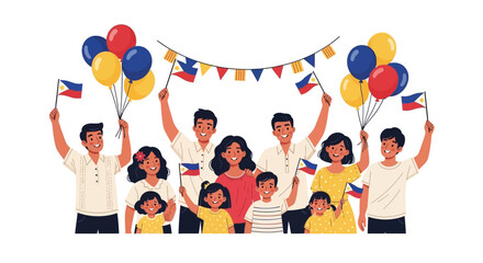 Filipino family celebrating Independence Day with flags and balloons, vector illustration.