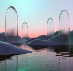 Abstract water drops and glass shapes on liquid surface, surreal 3D render with blue and pink colors